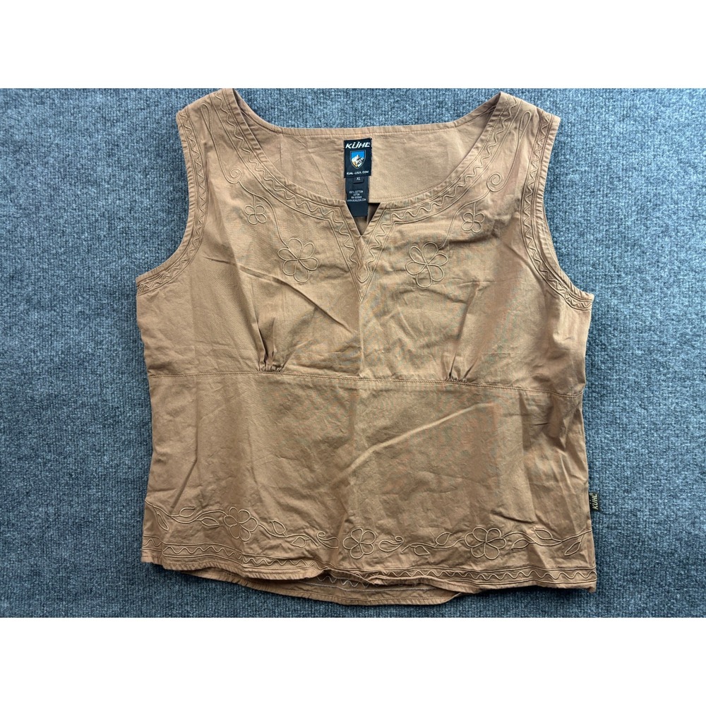 Kuhl Tank Top Women XL Tan Floral Embroidered Cotton Notch Neck Sleeveless